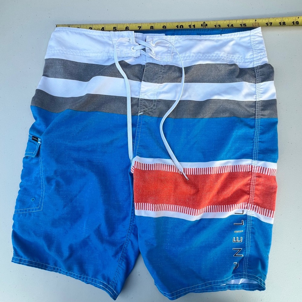 O'Neill Mens Blue Striped Board Shorts Size 32 Cargo Pocket Swim Trunks